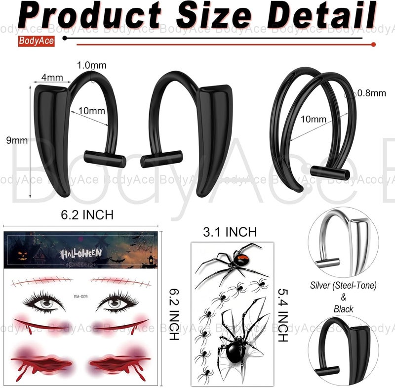 BodyAce Halloween Fake Piercings Lip Rings, Vampire Teeth Lip Cuff Double Hoop Nose Rings, Goth Cyberpunk Face Lip Jewelry With Fake Tattoos Sticker - Image 4